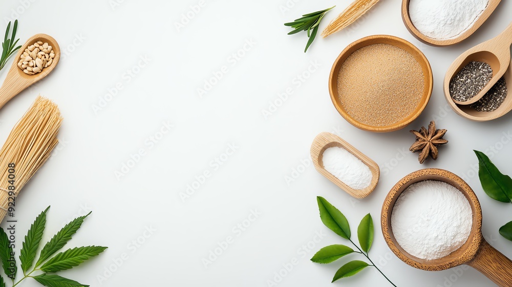 A clean layout of various spices and herbs in wooden bowls and spoons, perfect for culinary inspiration and recipe design. Buying green Concept. A clean layout of various spices and herbs in wooden bowls and spoons, perfect for culinary inspiration and recipe design. Buying green Concept.