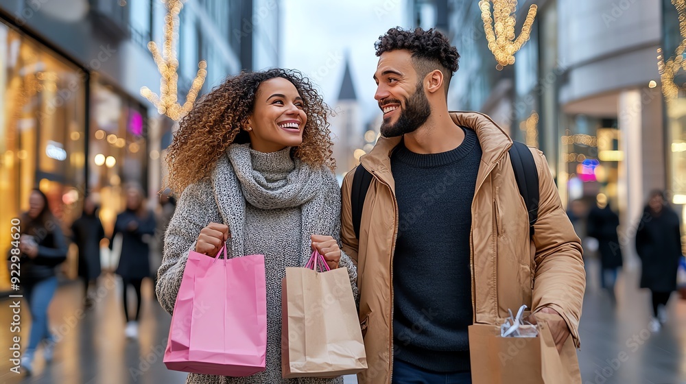 Obraz premium Joyful couple shopping outdoors, carrying colorful bags, enjoying a vibrant day in the city lights. autumn scene concept.