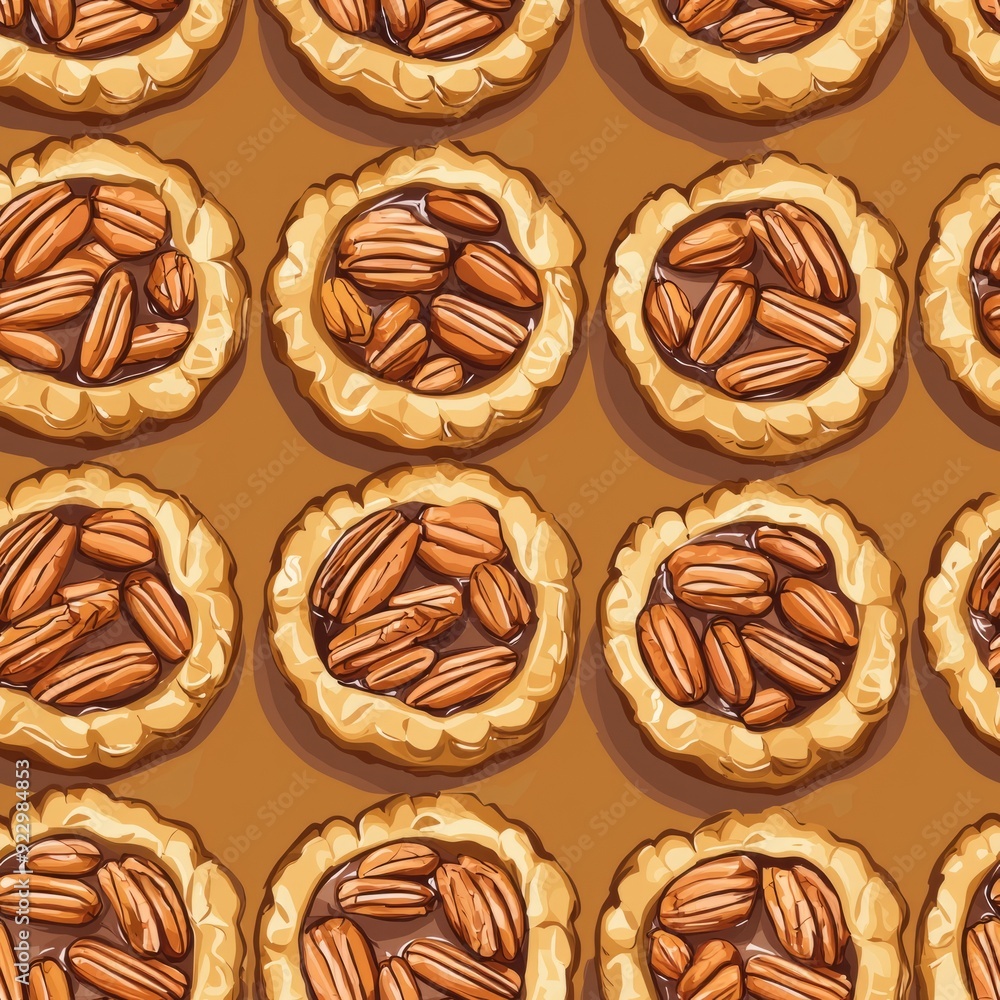 Seamless pattern of pecan pies with glossy, caramelized pecans on a flaky crust Seamless pattern of pecan pies with glossy, caramelized pecans on a flaky crust