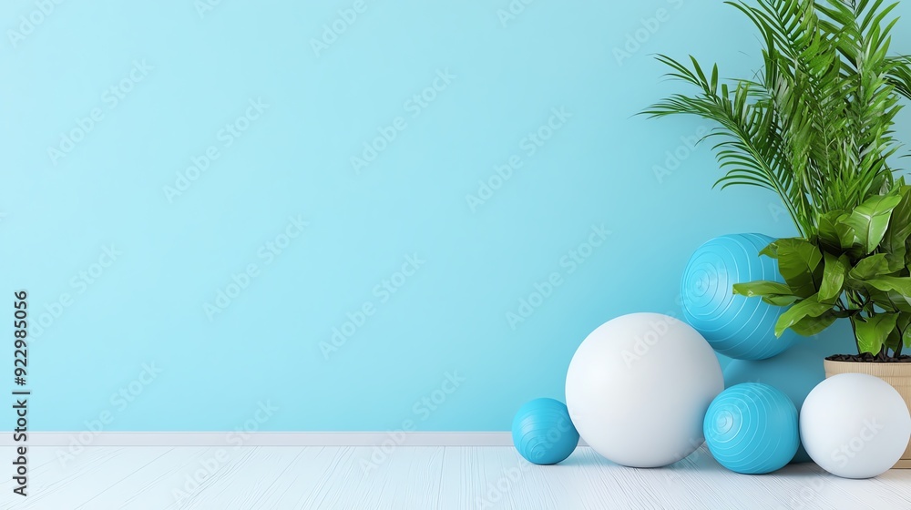 A serene interior scene with decorative blue spheres and a lush green plant against a calming pastel blue wall. A serene interior scene with decorative blue spheres and a lush green plant against a calming pastel blue wall.