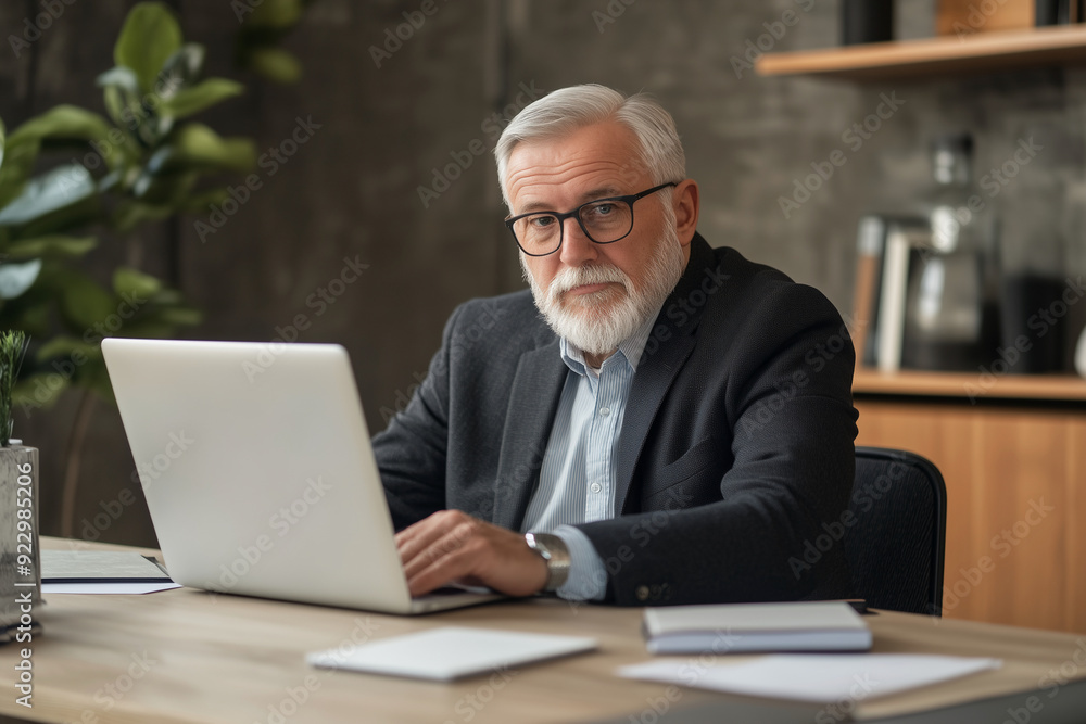 man wearing glasses and a suit is sitting in front of a laptop. He is smiling and he is enjoying himself man wearing glasses and a suit is sitting in front of a laptop. He is smiling and he is enjoying himself