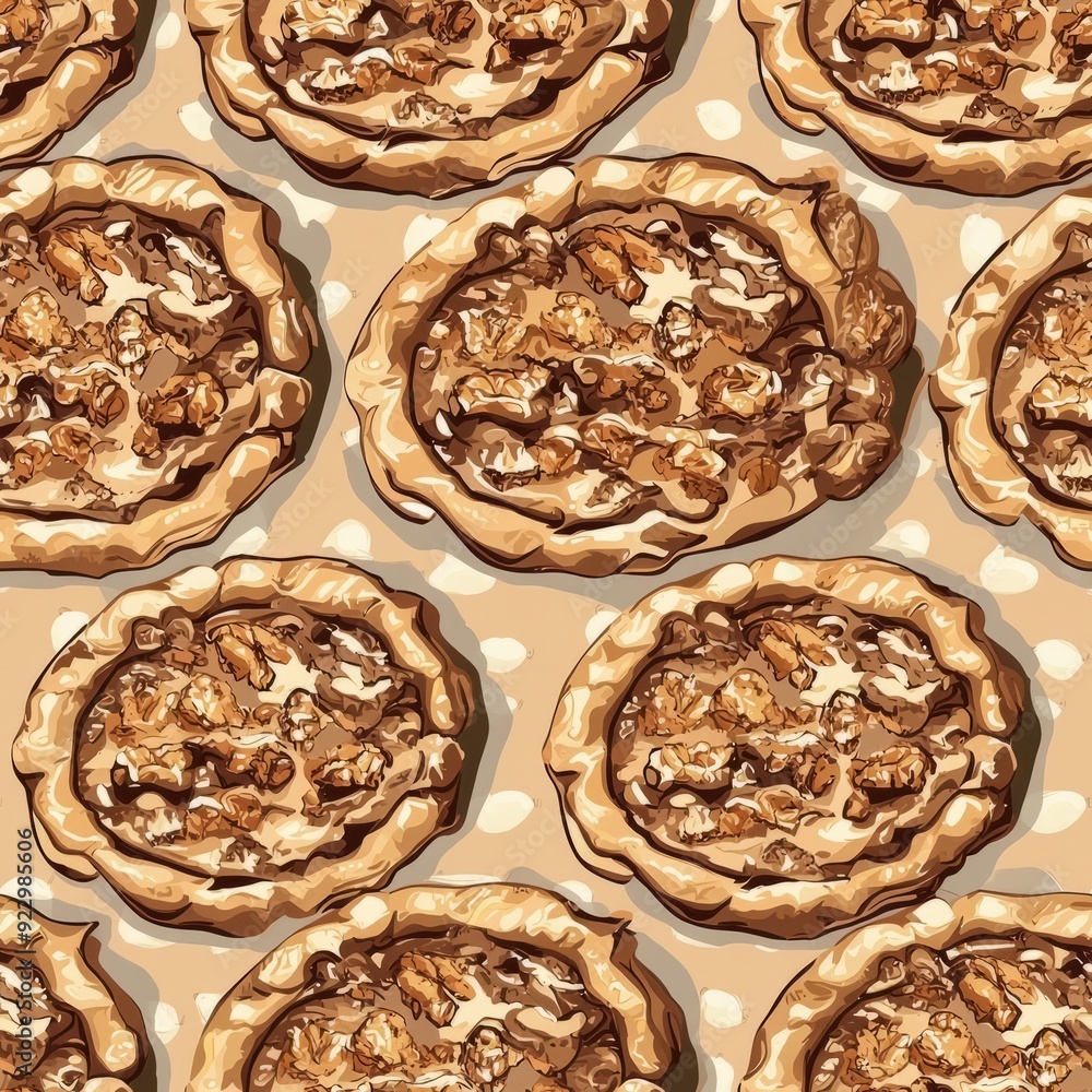 Seamless pattern of walnut pies with crunchy walnuts and a rich, sweet filling Seamless pattern of walnut pies with crunchy walnuts and a rich, sweet filling