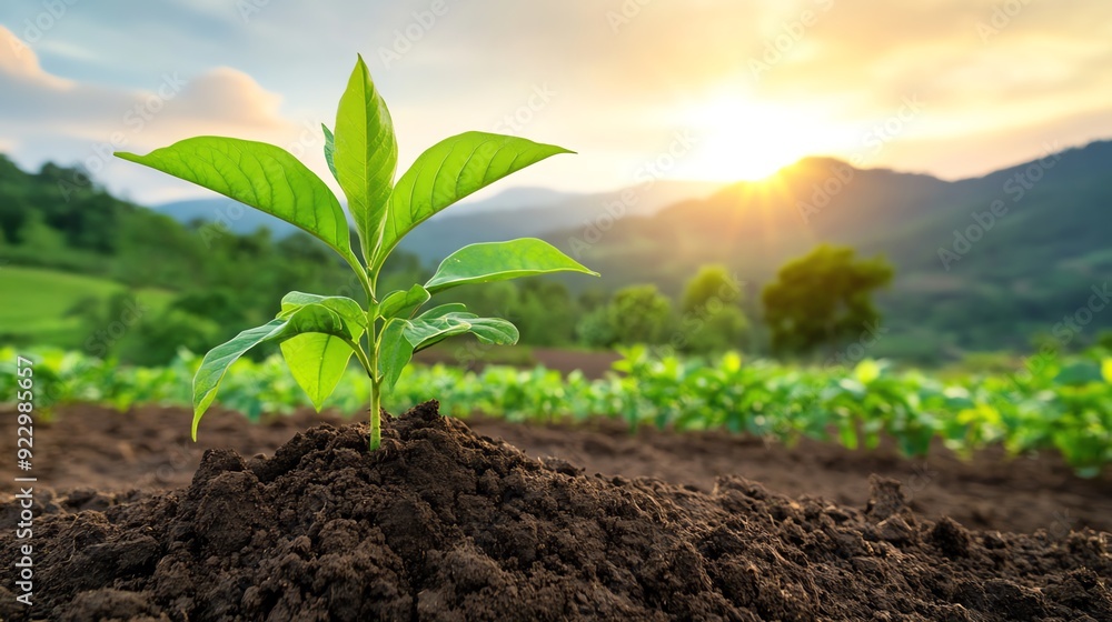 A young plant sprouts in fertile soil, basking in the warm sunlight against a backdrop of rolling hills and a vibrant sky. Buying green Concept. A young plant sprouts in fertile soil, basking in the warm sunlight against a backdrop of rolling hills and a vibrant sky. Buying green Concept.