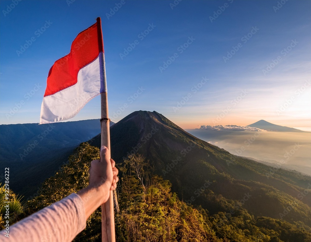 Someone's hand holding the Indonesian flag, bendera merah putih flag flies at the top of the mountain Someone's hand holding the Indonesian flag, bendera merah putih flag flies at the top of the mountain