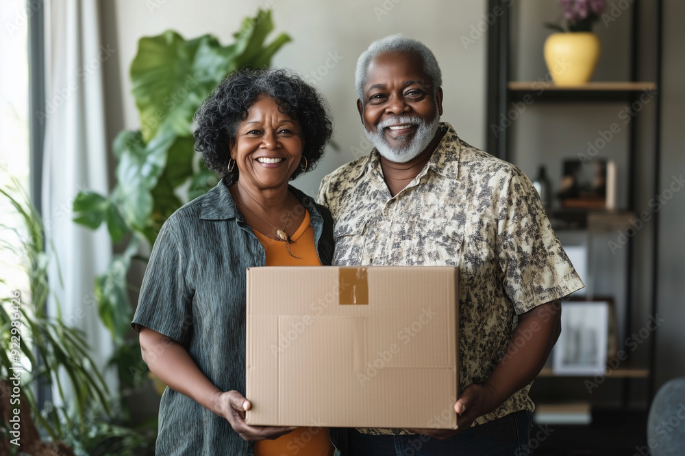 couple is holding a cardboard box in a living room. They are smiling ...