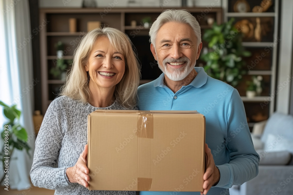 couple is holding a cardboard box in a living room. They are smiling and seem happy. The room has a cozy atmosphere with a couch and a potted plant couple is holding a cardboard box in a living room. They are smiling and seem happy. The room has a cozy atmosphere with a couch and a potted plant
