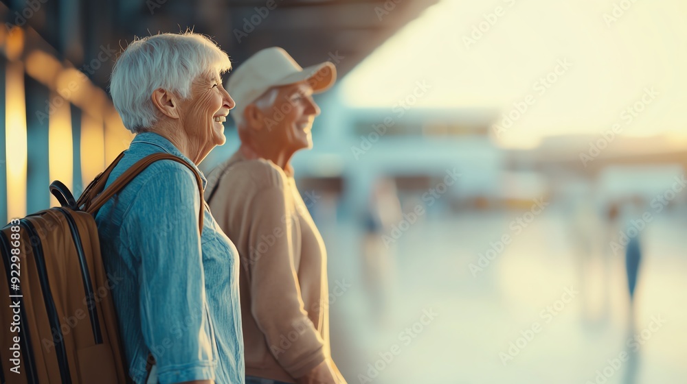 Obraz premium Happy seniors enjoying life together at the airport, looking forward to their next adventure in a warm sunset atmosphere.