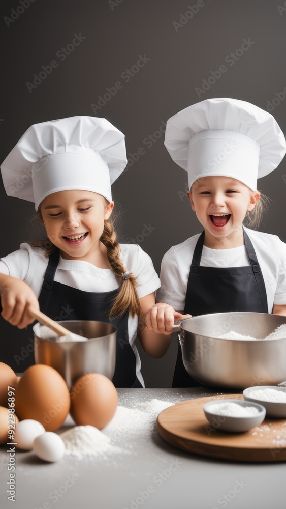 Two young girls dressed as chefs prepare food in a playful kitchen surrounded by eggs flour and other baking ingredients. Two young girls dressed as chefs prepare food in a playful kitchen surrounded by eggs flour and other baking ingredients.