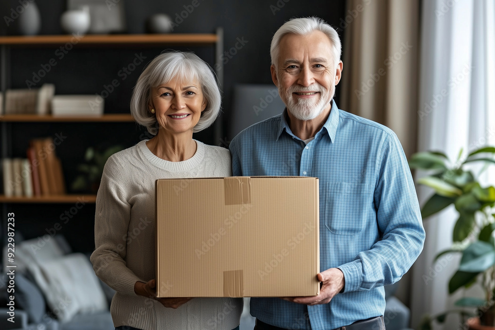 couple is holding a cardboard box in a living room. They are smiling and seem happy. The room has a cozy atmosphere with a couch and a potted plant couple is holding a cardboard box in a living room. They are smiling and seem happy. The room has a cozy atmosphere with a couch and a potted plant