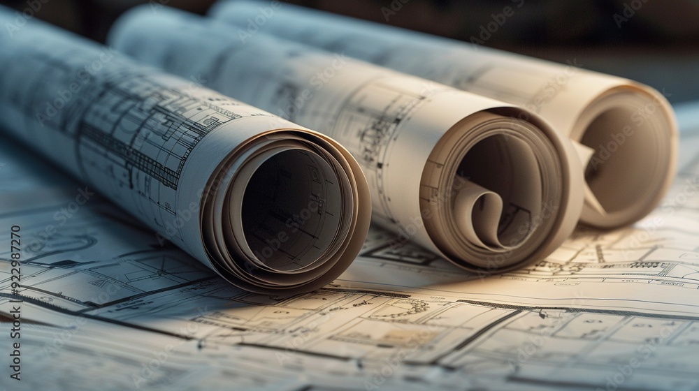 Rolled-up Architectural Blueprints with Visible Lines Rolled-up Architectural Blueprints with Visible Lines