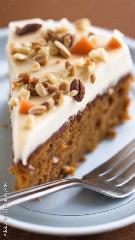 Moist carrot cake with chopped nuts on a plate topped with creamy frosting and a fork nearby. Moist carrot cake with chopped nuts on a plate topped with creamy frosting and a fork nearby.