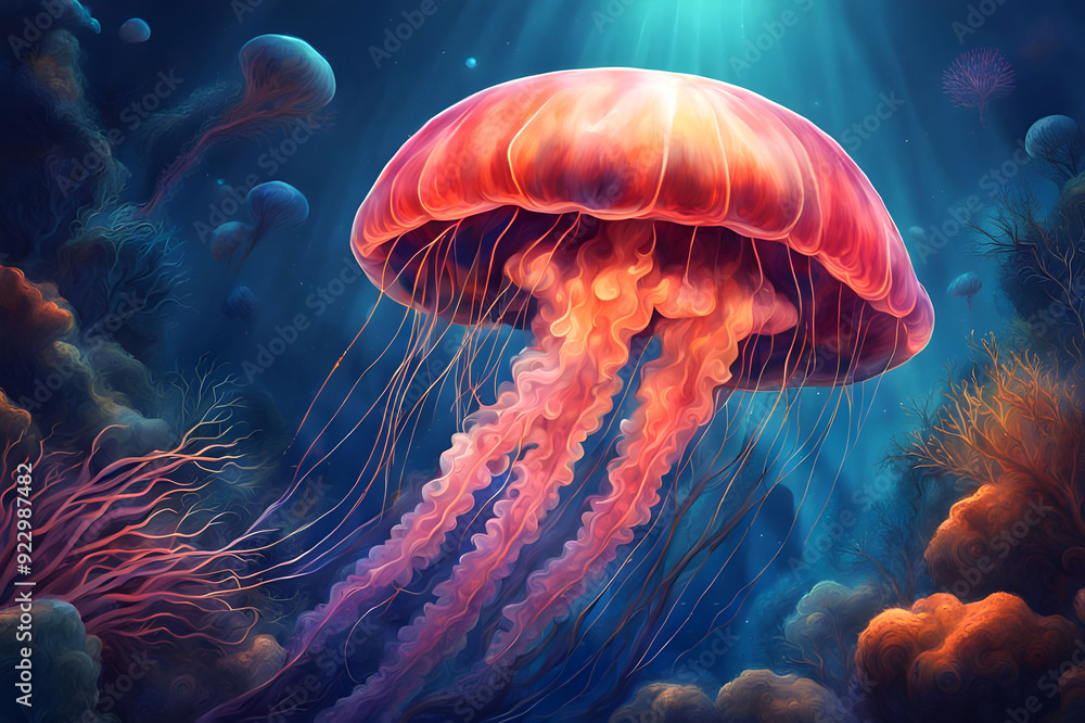 A captivating illustration of a jellyfish in the sea underwater coral reefs amazing view ai generated A captivating illustration of a jellyfish in the sea underwater coral reefs amazing view ai generated