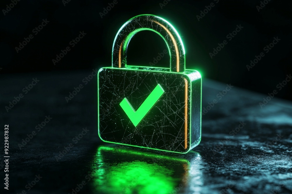 Fototapeta premium A padlock icon with a glowing green checkmark, symbolizing successful cybersecurity verification 