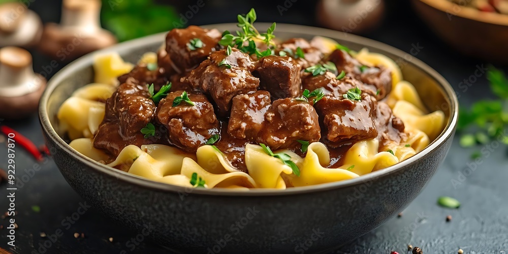 Beef Stew with Egg Noodles in Bowl - Food Photography Beef Stew with Egg Noodles in Bowl - Food Photography