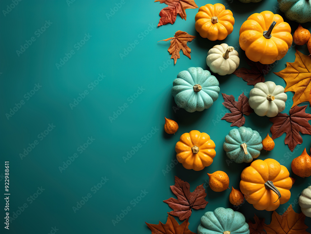 A collection of pumpkins and gourds on a blue painted table. A collection of pumpkins and gourds on a blue painted table.