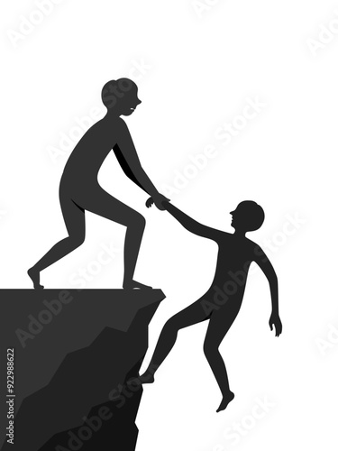 Silhouettes of a man on a cliff and pulling up another man not to fall down.
