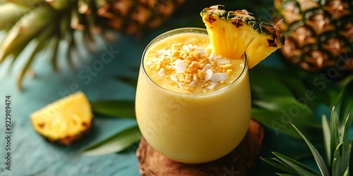 Delicious Pineapple Smoothie with Coconut Flakes and Fresh Pineapple Slice - Photo