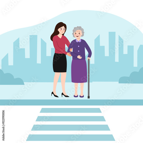 Female helps elderly woman with walking cane to cross road. Kind Person.