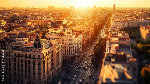 Photo of Bright sunlight shines on a European city, high angle view on a very hot day , heat wave , Generative AI