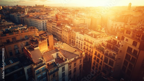 Photo of Bright sunlight shines on a European city, high angle view on a very hot day , heat wave , Generative AI