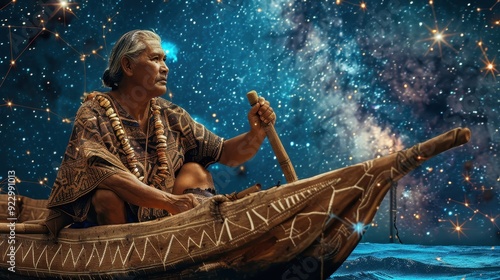 A canoeist paddles through water under a vibrant, star-filled sky