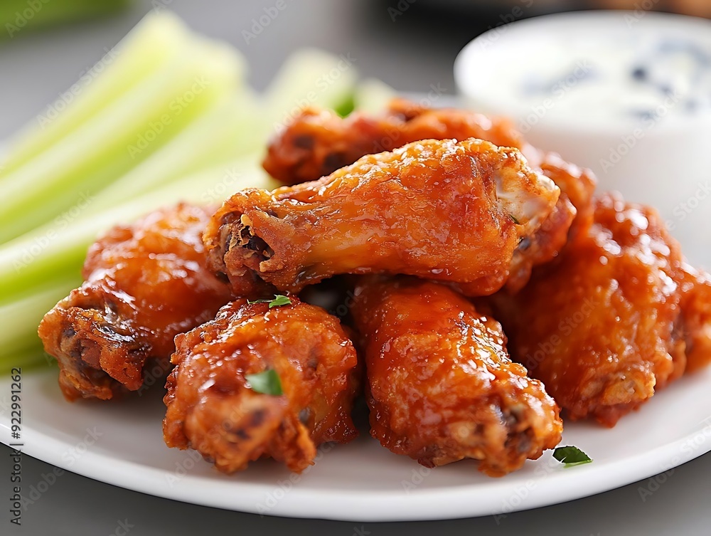 Closeup of Delicious Fried Chicken Wings with Celery Sticks and Blue Cheese Dip - Food Photography Closeup of Delicious Fried Chicken Wings with Celery Sticks and Blue Cheese Dip - Food Photography