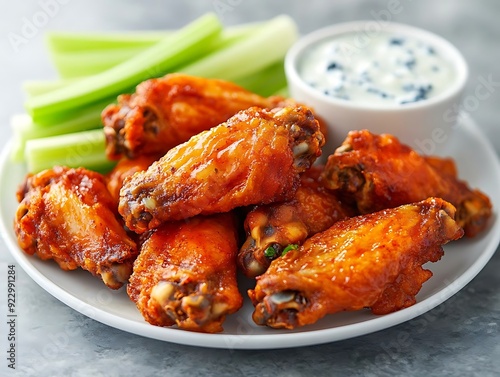 Crispy Buffalo Chicken Wings with Celery Sticks and Ranch Dip - Food Photography