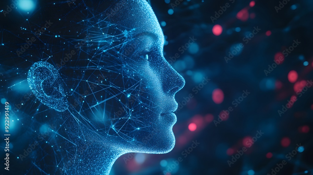 A computer generated image of a human head with a blue face and orange eyes. The image is a representation of the brain and its functions A computer generated image of a human head with a blue face and orange eyes. The image is a representation of the brain and its functions