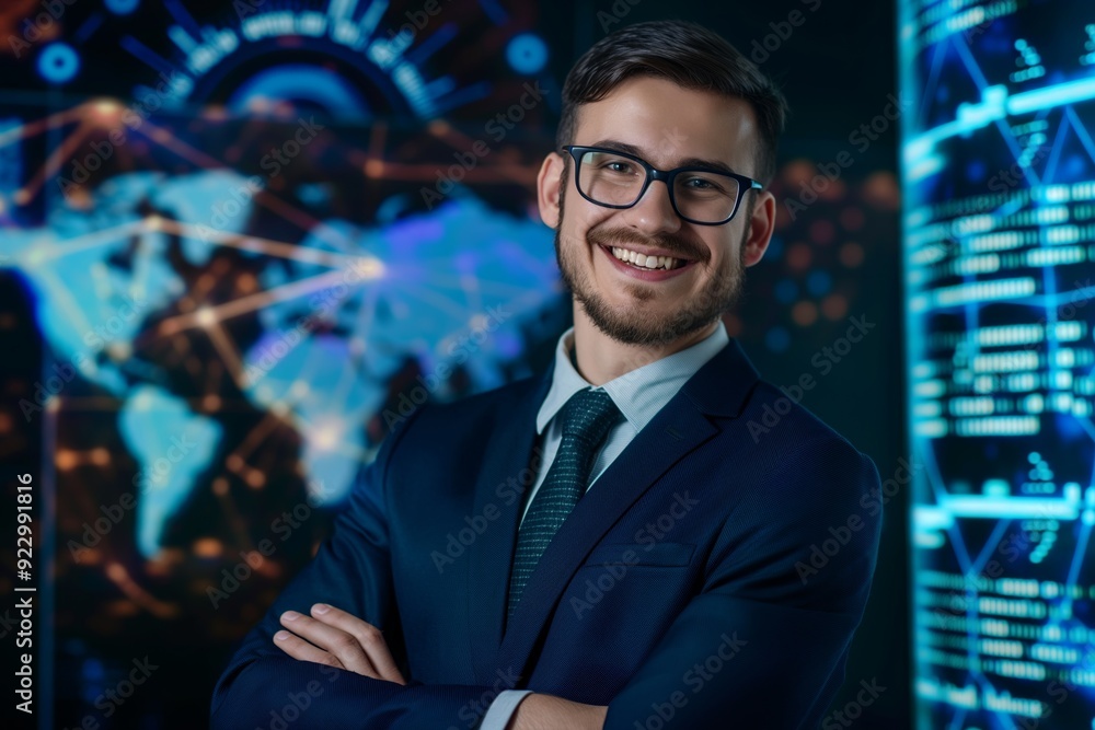 Fototapeta premium Digital Transformation Champ - Cheerful Male Tech Professional in Modern Work Attire with Tech-Themed Backdrop Poses for Camera
