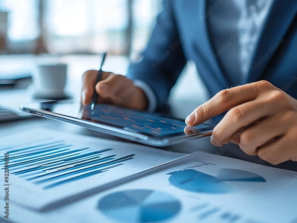 Businessman Analyzing Data on Tablet with Charts and Graphs - Realistic Photo Businessman Analyzing Data on Tablet with Charts and Graphs - Realistic Photo