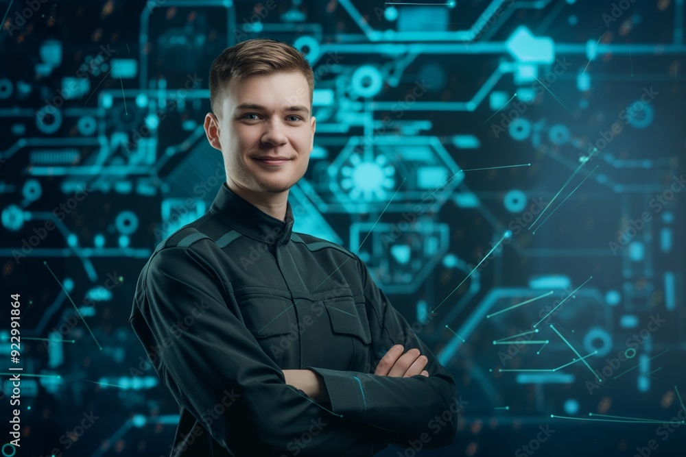 Futuristic Male Professional in Advanced Uniform Smiling at Camera in Digital Environment Futuristic Male Professional in Advanced Uniform Smiling at Camera in Digital Environment
