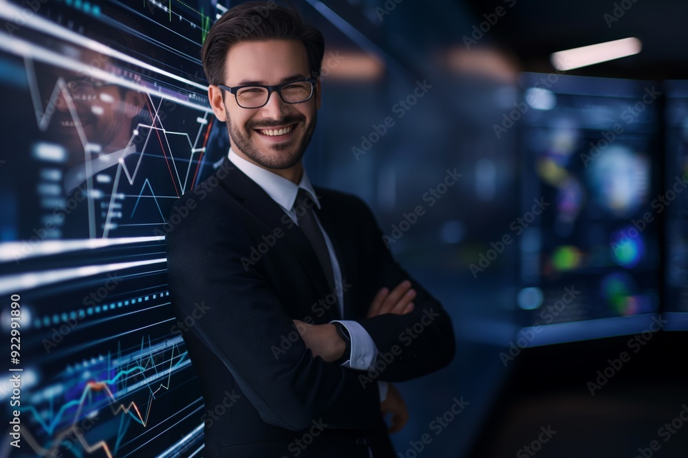 Confident Male Professional in Modern Uniform Smiling in Digital Workspace Confident Male Professional in Modern Uniform Smiling in Digital Workspace