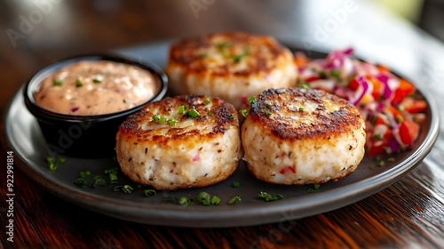 Closeup of Delicious Fried Crab Cakes with Coleslaw and Creamy Sauce - Photo