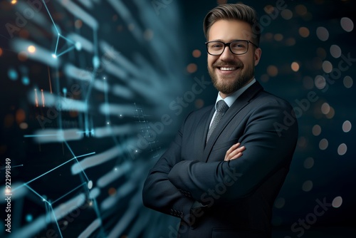 Futuristic Male Professional Embracing Technology with Confidence in Digital Realm