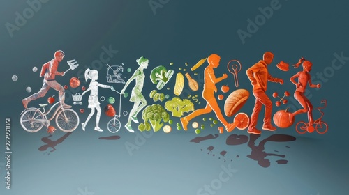 A colorful poster of people running and biking with a variety of fruits