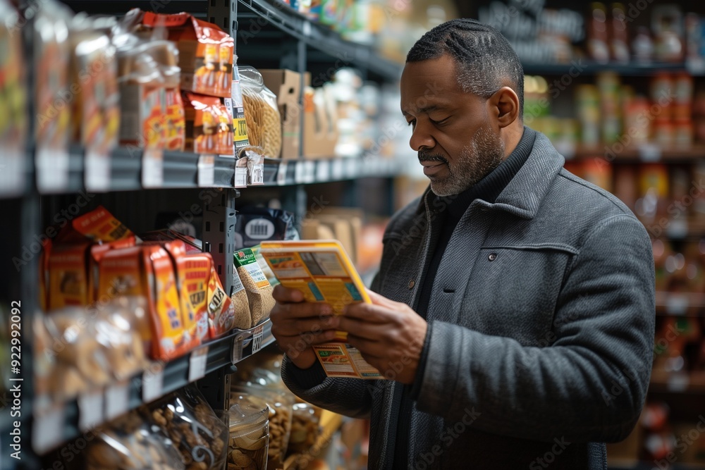 Man reading product label in a grocery store aisle. Man reading product label in a grocery store aisle.