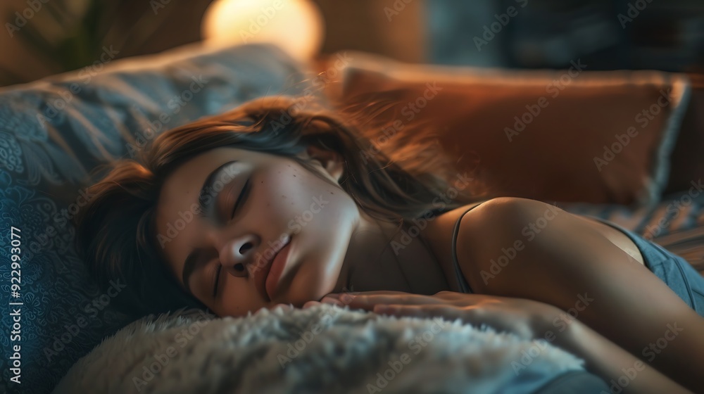 Young Woman sleeping peacefully in bed, showcasing the tranquility and comfort of a restful night. Young Woman sleeping peacefully in bed, showcasing the tranquility and comfort of a restful night.
