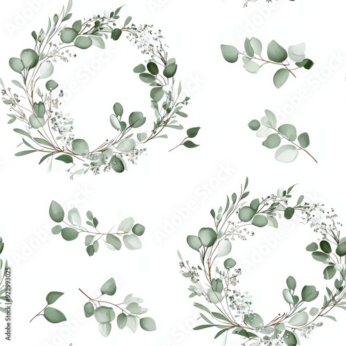 Seamless pattern of delicate wreaths with baby’s breath and eucalyptus