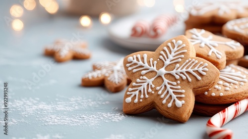 Close-up of gingerbread cookies with intricate icing designs, surrounded by twinkling holiday lights.