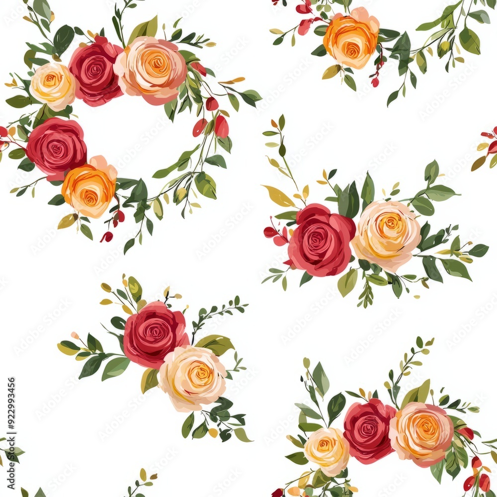 Seamless pattern of floral wreaths with elegant roses and greenery Seamless pattern of floral wreaths with elegant roses and greenery
