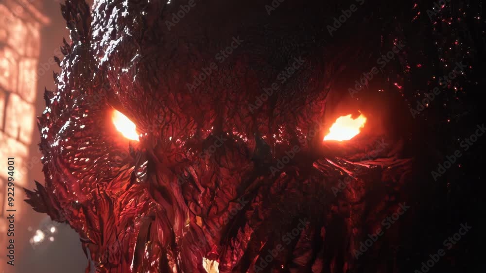 Monstrous creature emerges from darkness. Glowing red eyes and razor ...