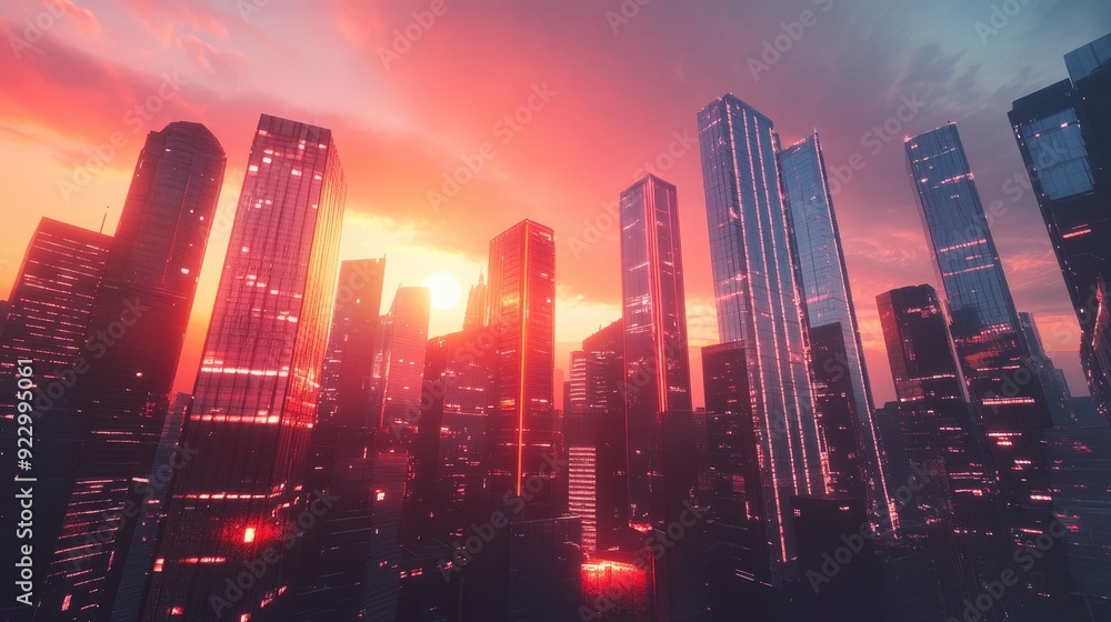 Fototapeta premium Beautiful futuristic city with stylized skyscrapers and glowing windows at sunset, showcasing sleek modern architecture