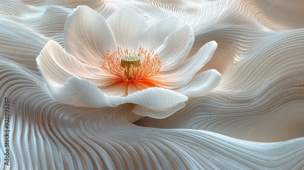 Bold 3D abstract art featuring a single flower in bloom, surrounded by soft, flowing lines for a peaceful effect