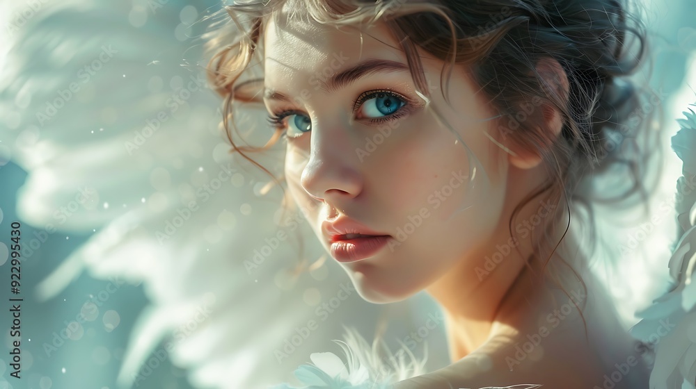 Portrait of a beautiful woman with angelic wings. Her blue eyes and soft features create a sense of ethereal beauty. Portrait of a beautiful woman with angelic wings. Her blue eyes and soft features create a sense of ethereal beauty.