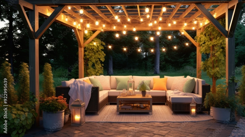 Fototapeta premium Outdoor Patio with Cozy Seating and String Lights