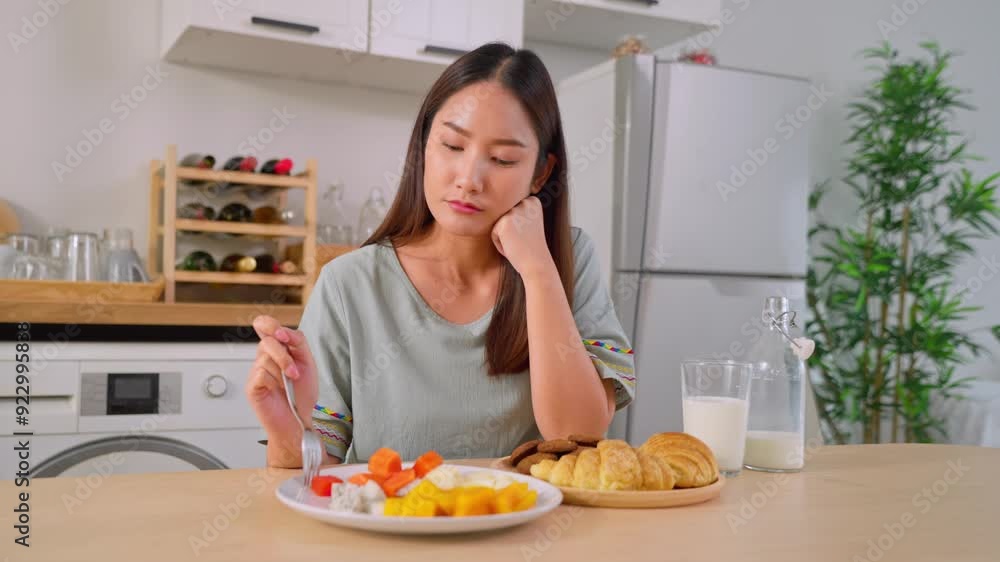 Asian unhappy woman on dieting, don't want to eat food in kitchen at home. Asian unhappy woman on dieting, don't want to eat food in kitchen at home.