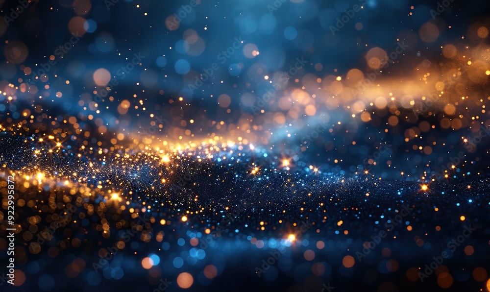 Fototapeta premium abstract background with gold stars particles,sparkling on navy blue christmas golden light shine particles bokeh on navy blue background 2024 new year background gold foil texture.