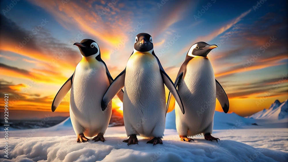Obraz premium Three Penguins in the Antarctic Sunset.