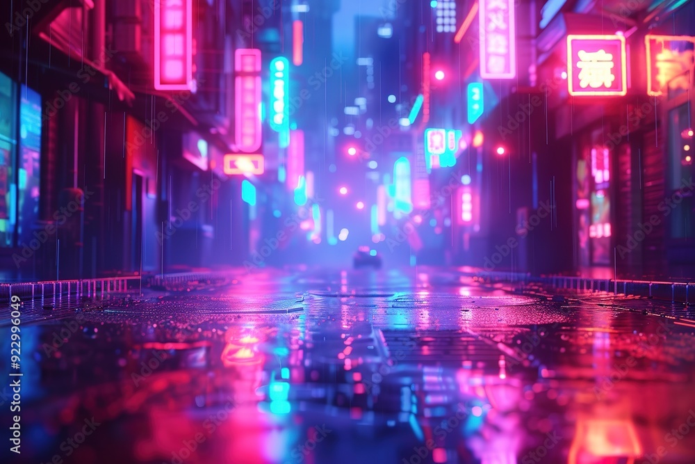 Wet asphalt street reflecting neon lights in the rain. Wet asphalt street reflecting neon lights in the rain.