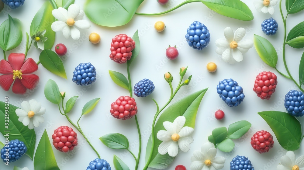 Bright 3D illustration of colorful berries, fresh greens, and blooming flowers on a white canvas, ideal for A4 design Bright 3D illustration of colorful berries, fresh greens, and blooming flowers on a white canvas, ideal for A4 design